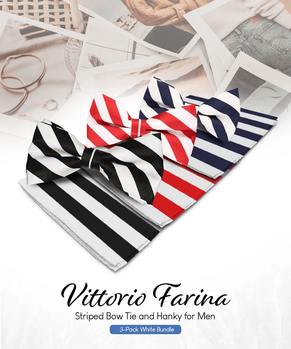 Vittorio Farina Men's Striped Satin Bow Tie & Pocket Square in Gift Box (Multipack)