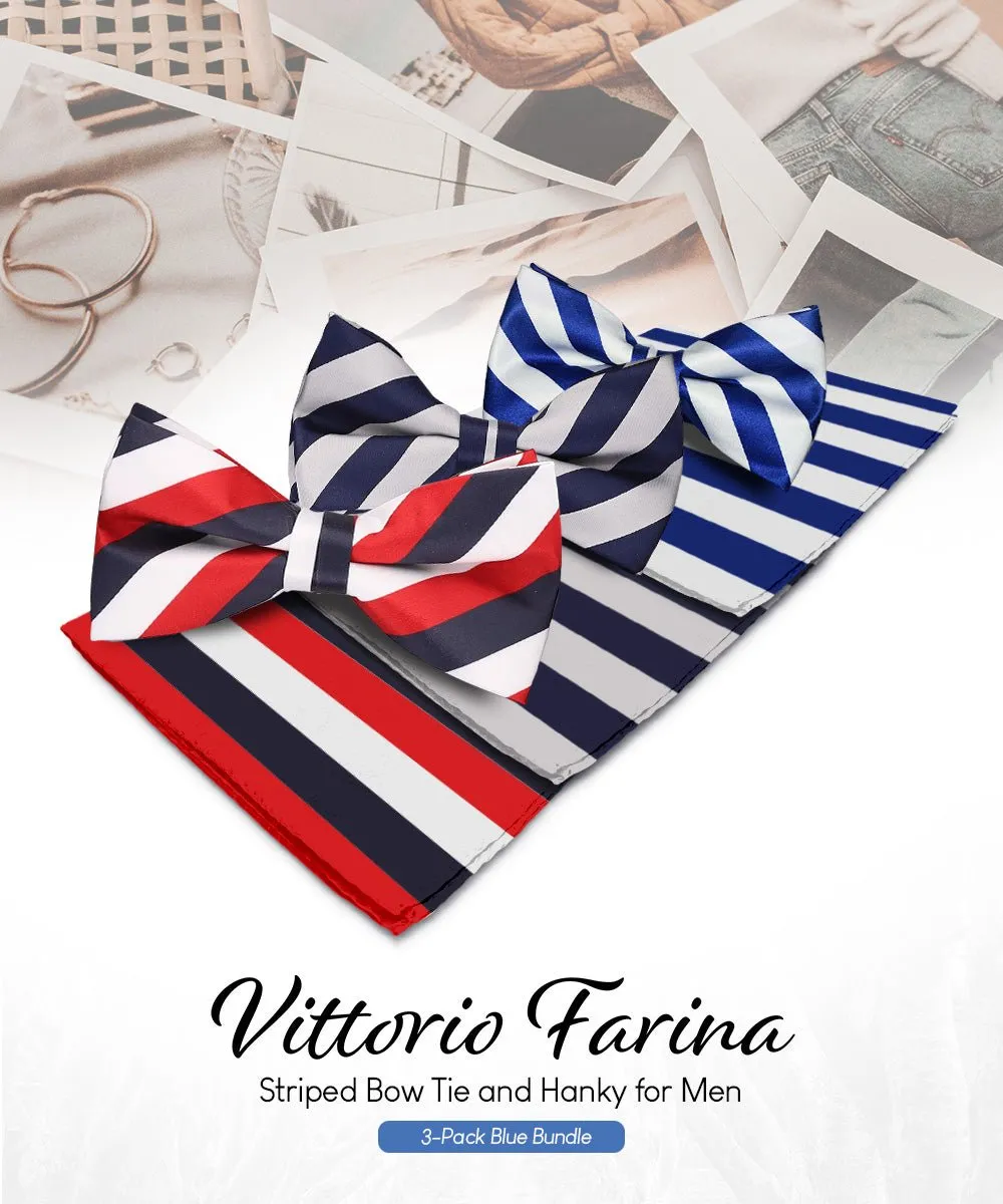 Vittorio Farina Men's Striped Satin Bow Tie & Pocket Square in Gift Box (Multipack)