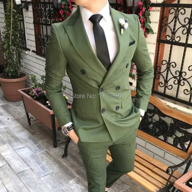 Voguable Double Breasted Slim fit Men Suits 2 piece Army Green Wedding Groom Tuxedos for Prom Man Fashion Clothes Set Jacket Pants