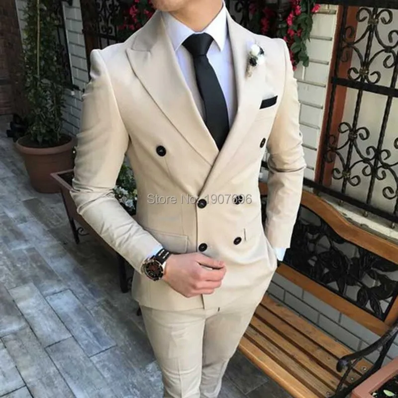 Voguable Double Breasted Slim fit Men Suits 2 piece Army Green Wedding Groom Tuxedos for Prom Man Fashion Clothes Set Jacket Pants