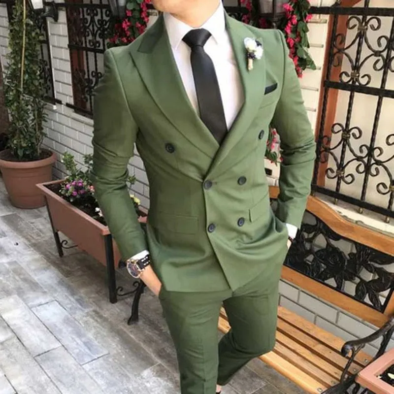 Voguable Double Breasted Slim fit Men Suits 2 piece Army Green Wedding Groom Tuxedos for Prom Man Fashion Clothes Set Jacket Pants