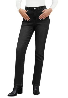 Washed Black Women's High Waisted Full Length Straight Leg Jeans With Pockets