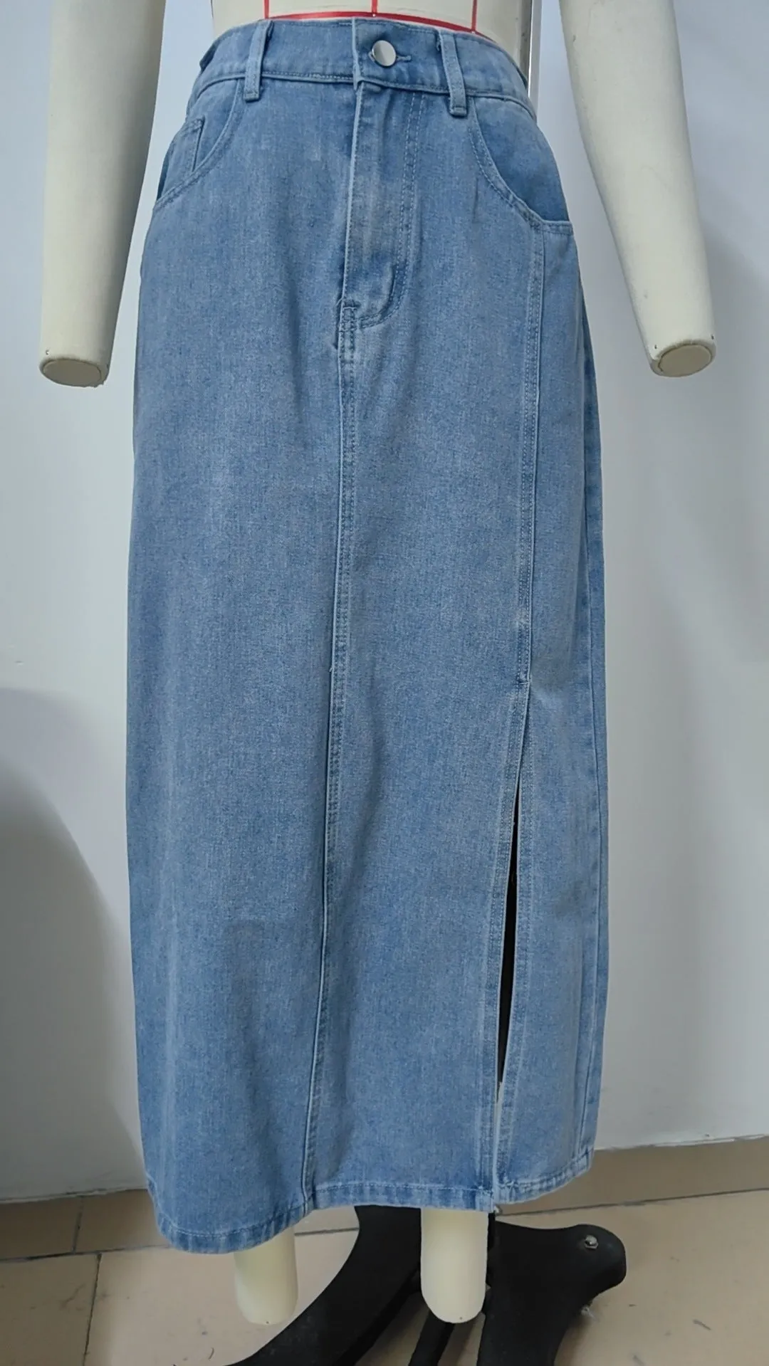 Washed Elastic High Waist Denim A-line Split Maxi Skirt