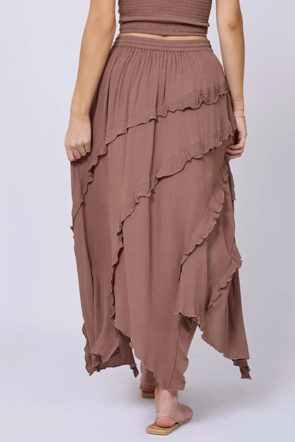 Washed Mocha Rayon Crinkle Ruffle Maxi Skirt