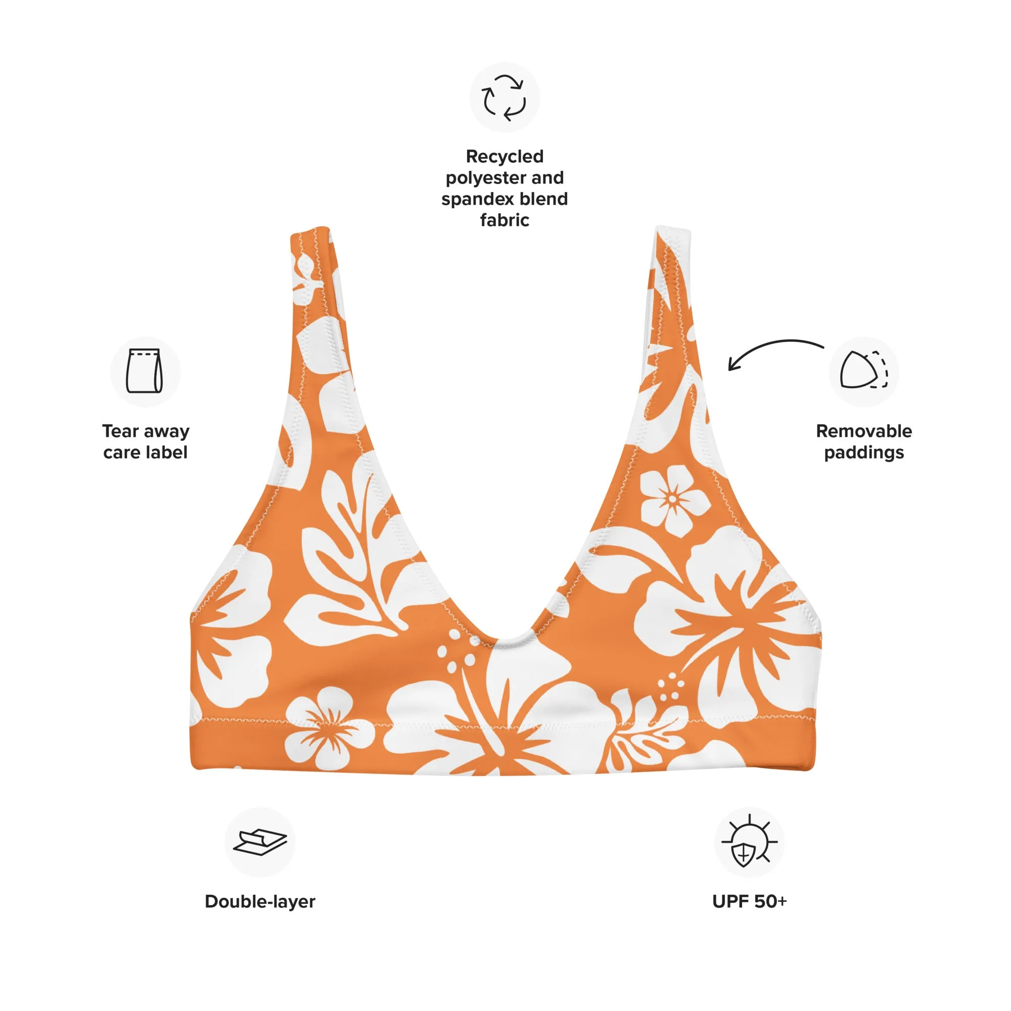 White Hawaiian Flowers on Juicy Orange Halter Bikini Top