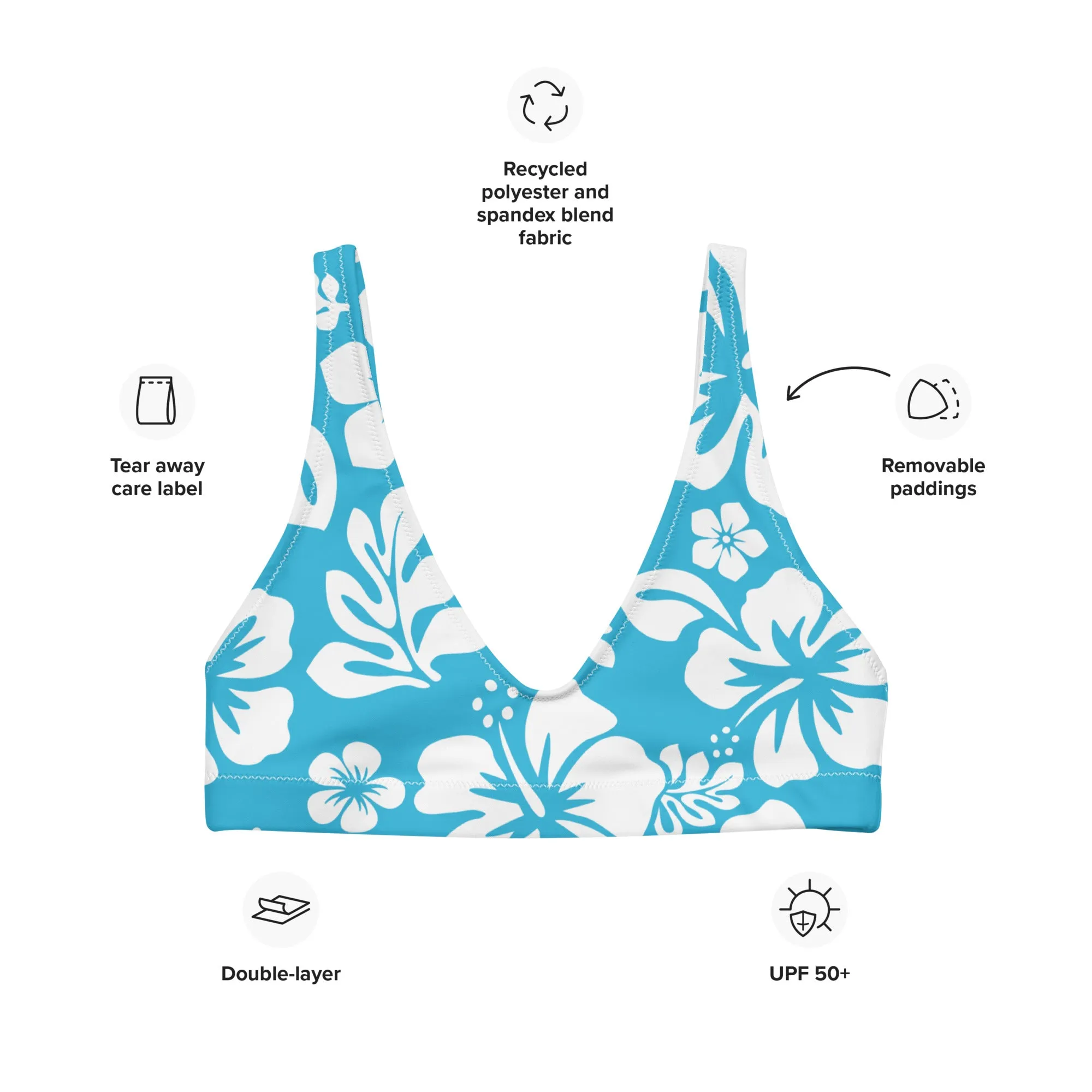 White Hawaiian Flowers on Ocean Aqua Blue Halter Bikini Top