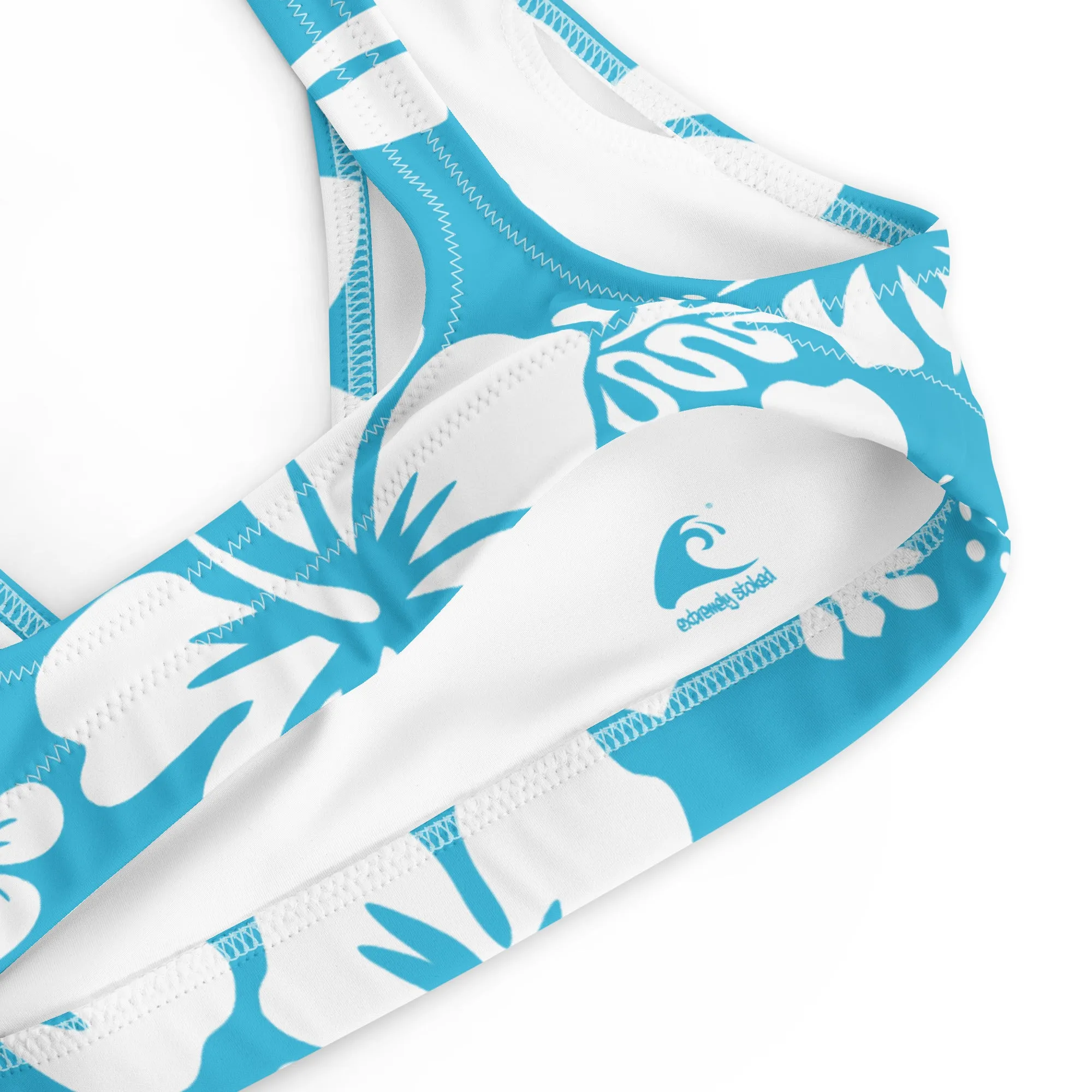 White Hawaiian Flowers on Ocean Aqua Blue Halter Bikini Top