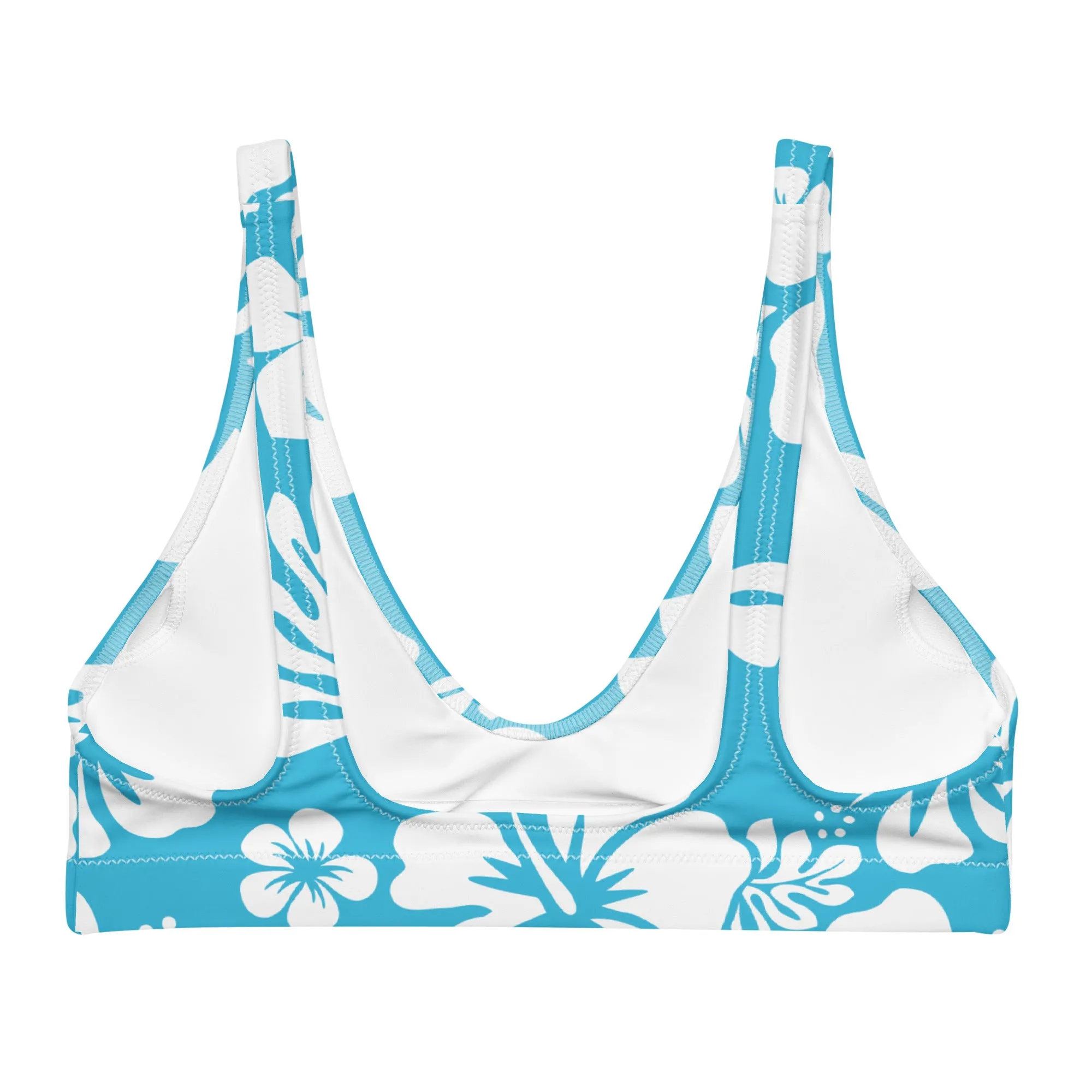 White Hawaiian Flowers on Ocean Aqua Blue Halter Bikini Top