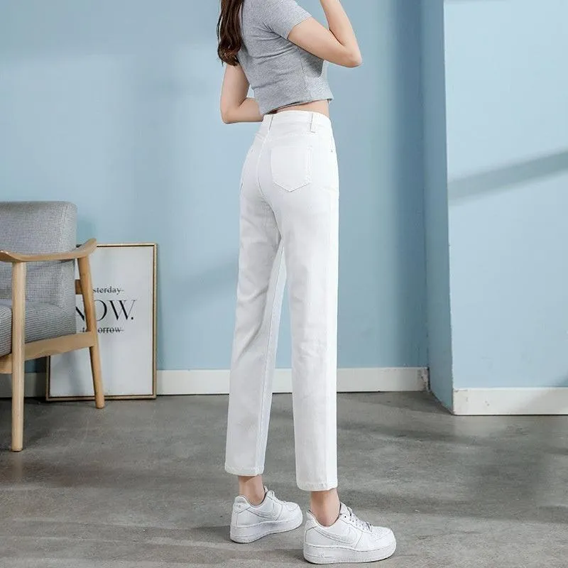 White Jeans Korean Style High Waist Stretch Cigarette Pants Small Cropped Straight Pants