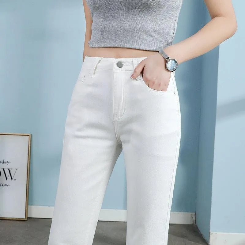 White Jeans Korean Style High Waist Stretch Cigarette Pants Small Cropped Straight Pants