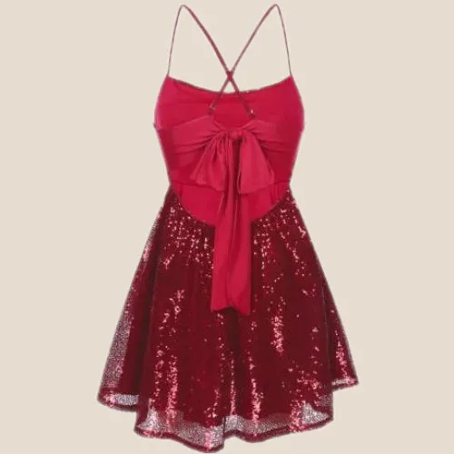 Wine Red Sequin Short Dress with Bow Back