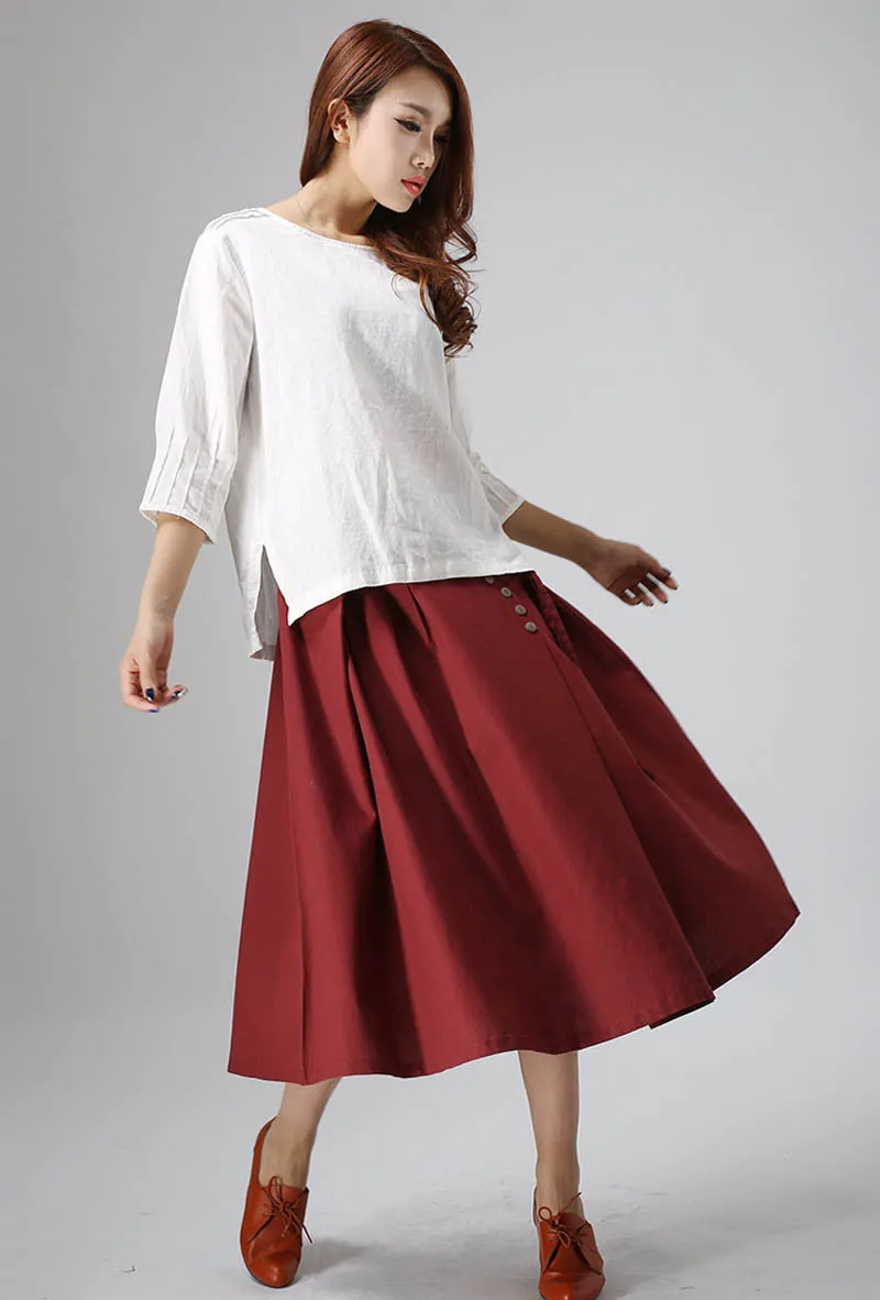 wine red skirt casual linen skirt woman midi skirt custom made (814)