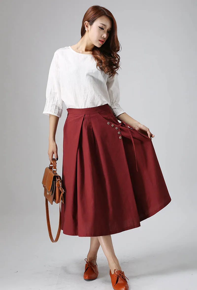 wine red skirt casual linen skirt woman midi skirt custom made (814)