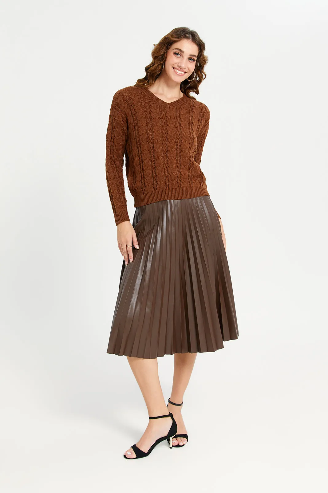 Women Brown Plain Pleated Skirt