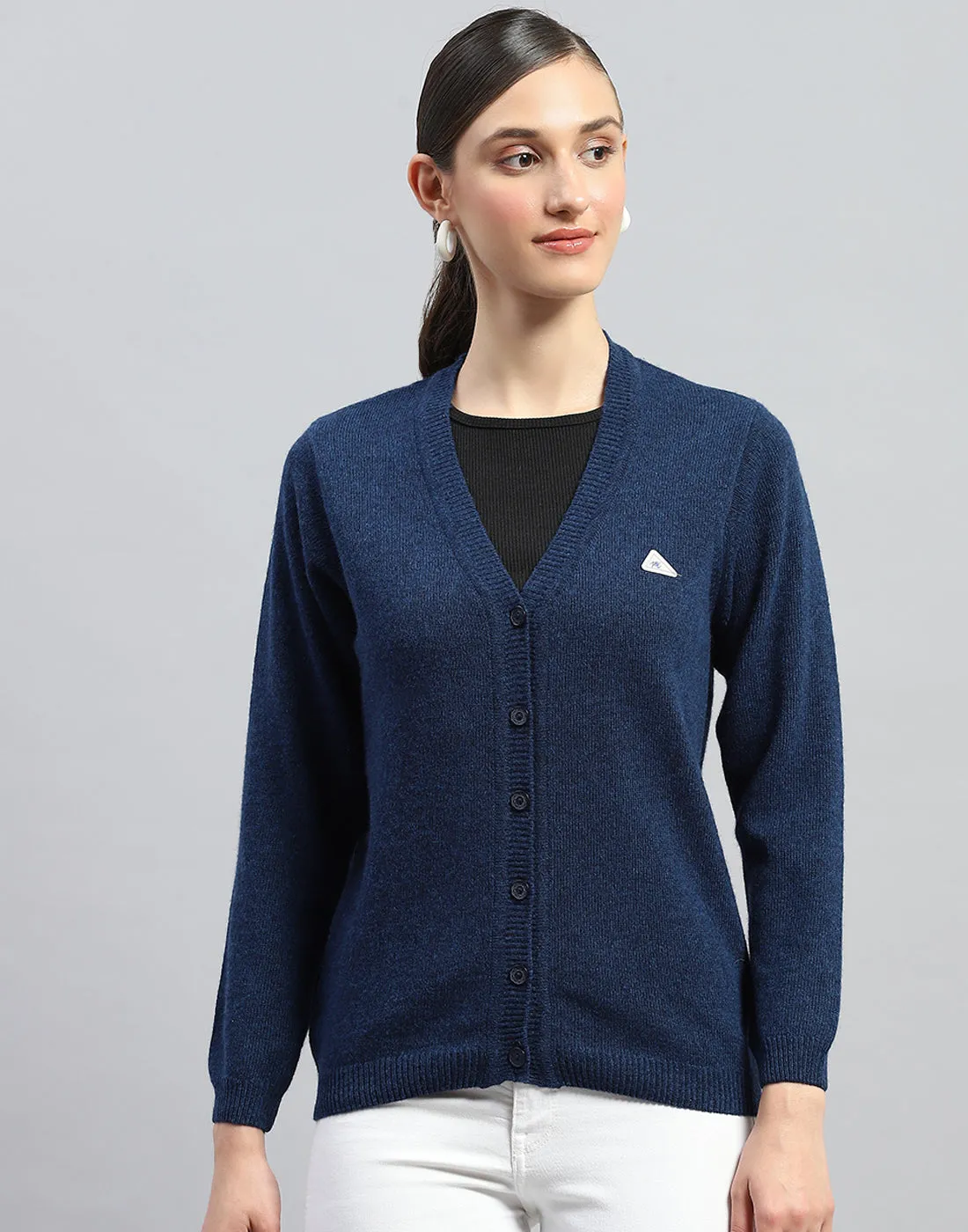 Women Dark Blue Solid V Neck Full Sleeve Cardigan