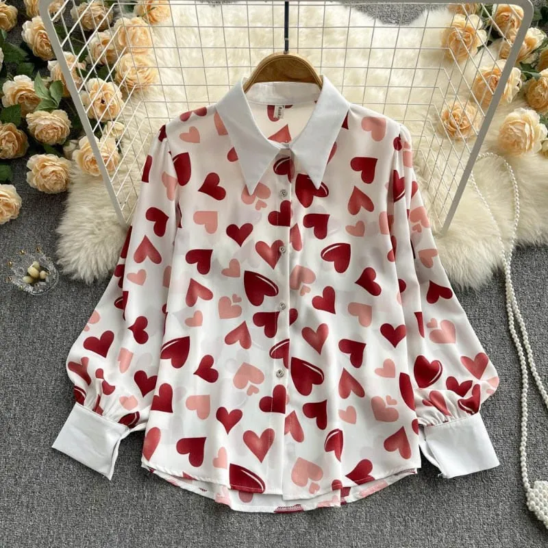 Women Down Collar Heart Print Long Sleeve Design Sense Blouse - WSB8552