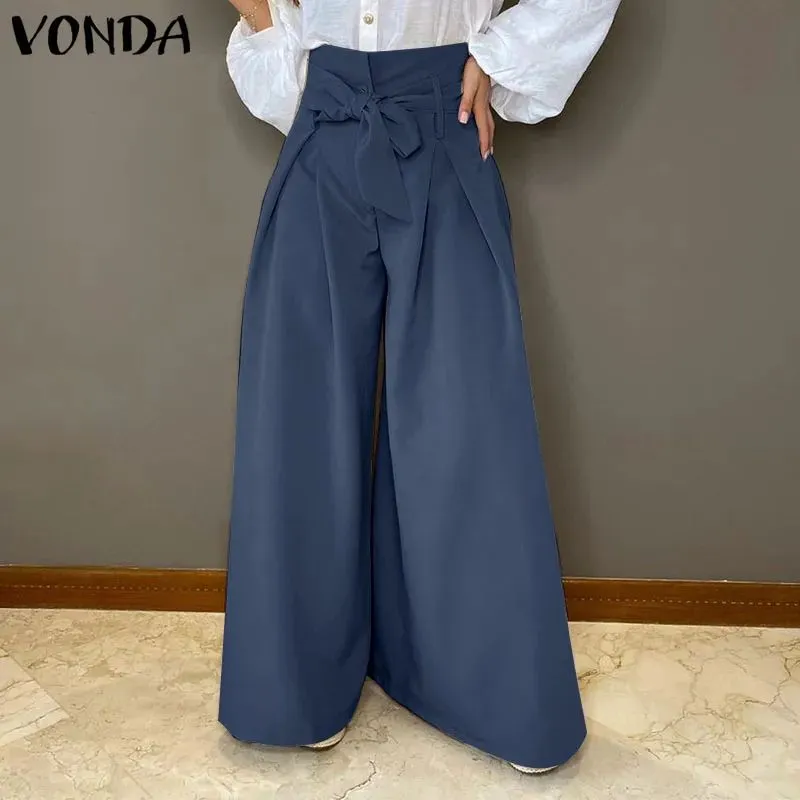 Women Elegant Office Ladies Pants VONDA High Waist Bow Long Trousers Wide Leg Pants Palazzo Pants Pantalon Femme S3678041