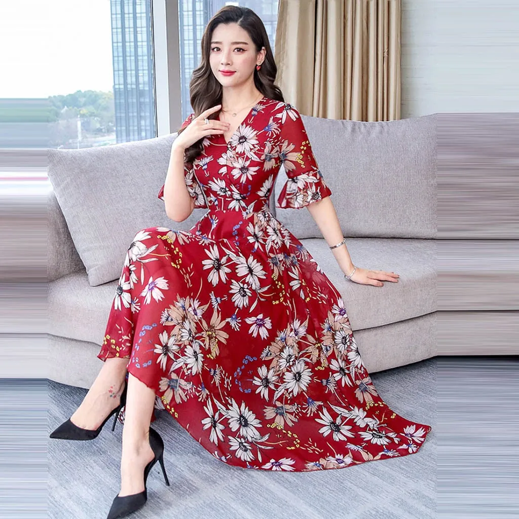 Women Floral Long Dress 2023 Casual Fashion Chiffon A Line V Neck Short Sleeve Summer Dress - WD8060