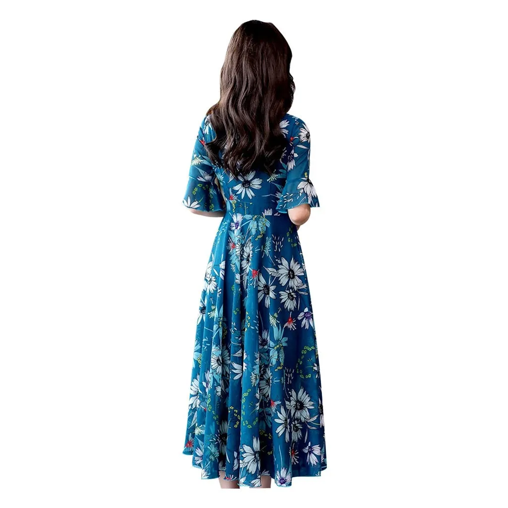 Women Floral Long Dress 2023 Casual Fashion Chiffon A Line V Neck Short Sleeve Summer Dress - WD8060