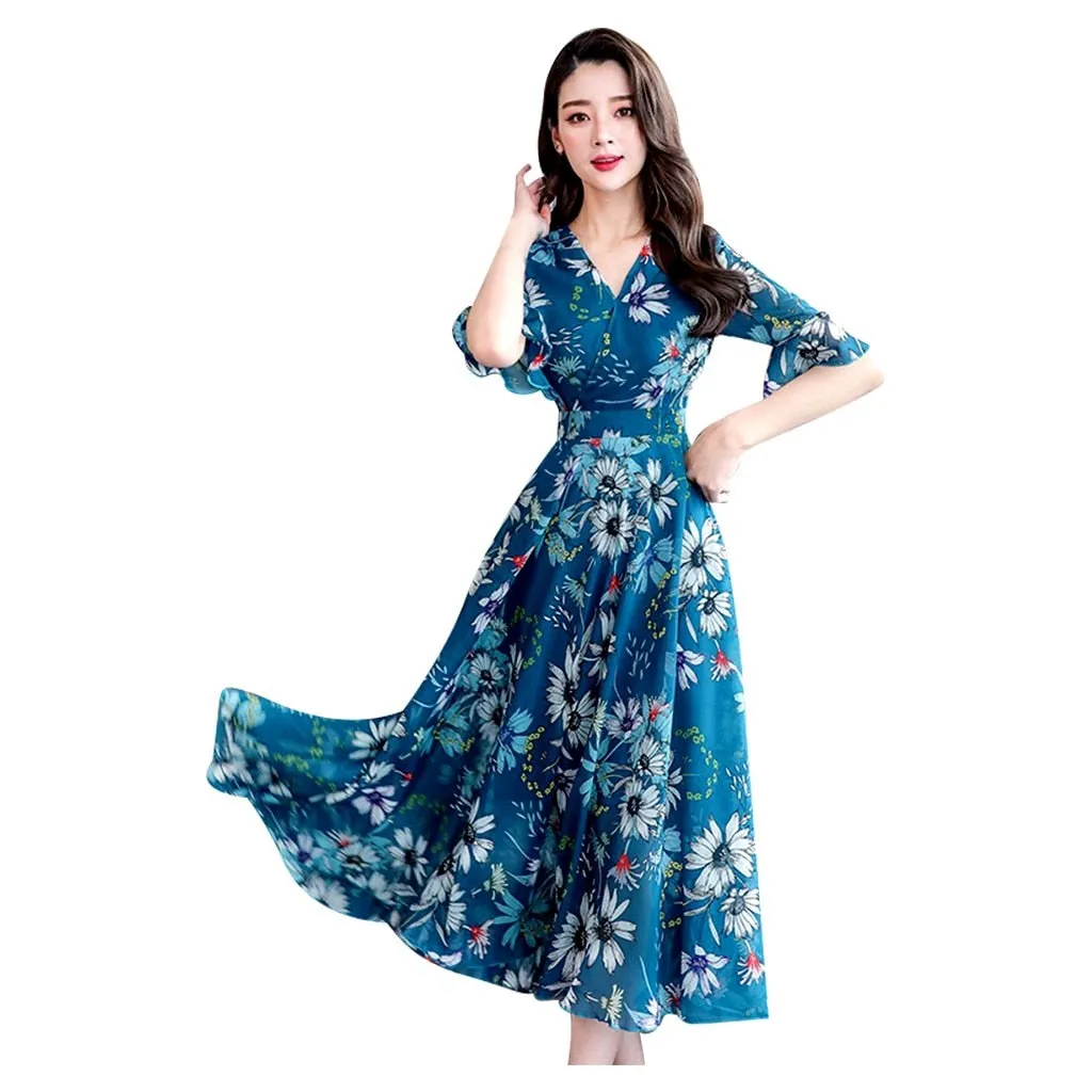 Women Floral Long Dress 2023 Casual Fashion Chiffon A Line V Neck Short Sleeve Summer Dress - WD8060