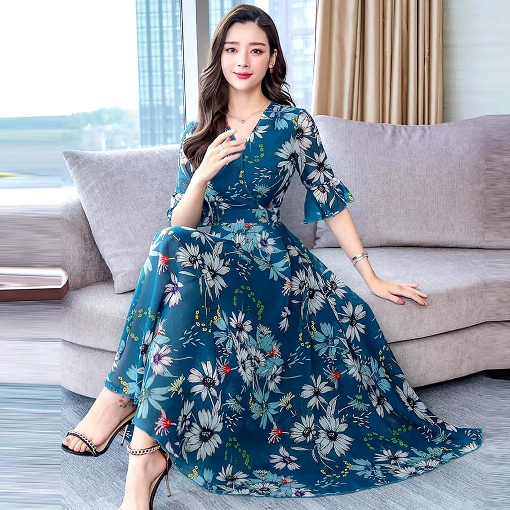 Women Floral Long Dress 2023 Casual Fashion Chiffon A Line V Neck Short Sleeve Summer Dress - WD8060