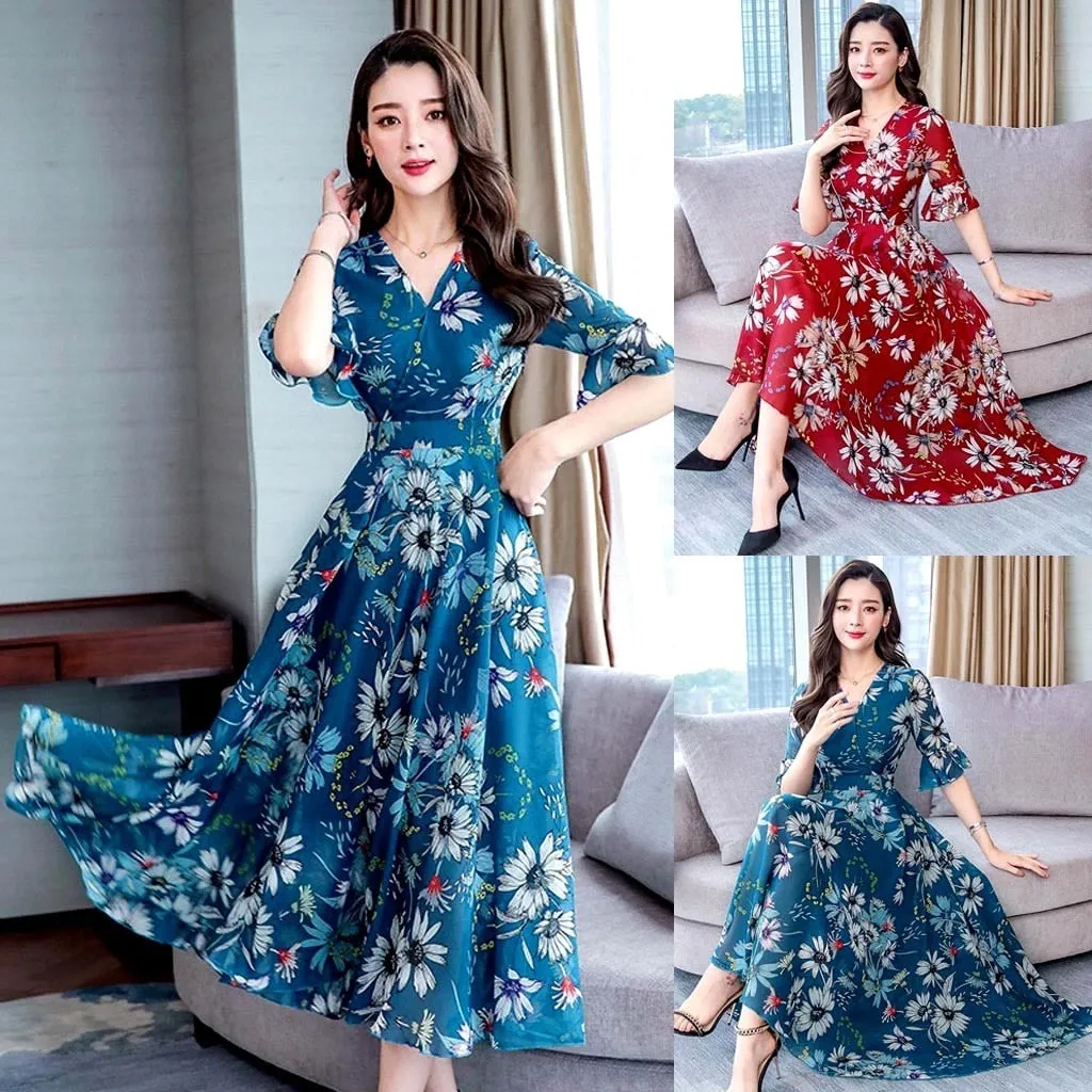 Women Floral Long Dress 2023 Casual Fashion Chiffon A Line V Neck Short Sleeve Summer Dress - WD8060