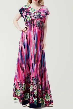 WOMEN FLORAL PRINTED MAXI STYLE PLUS SIZE GOWN DRESS PURPLE - UWD397