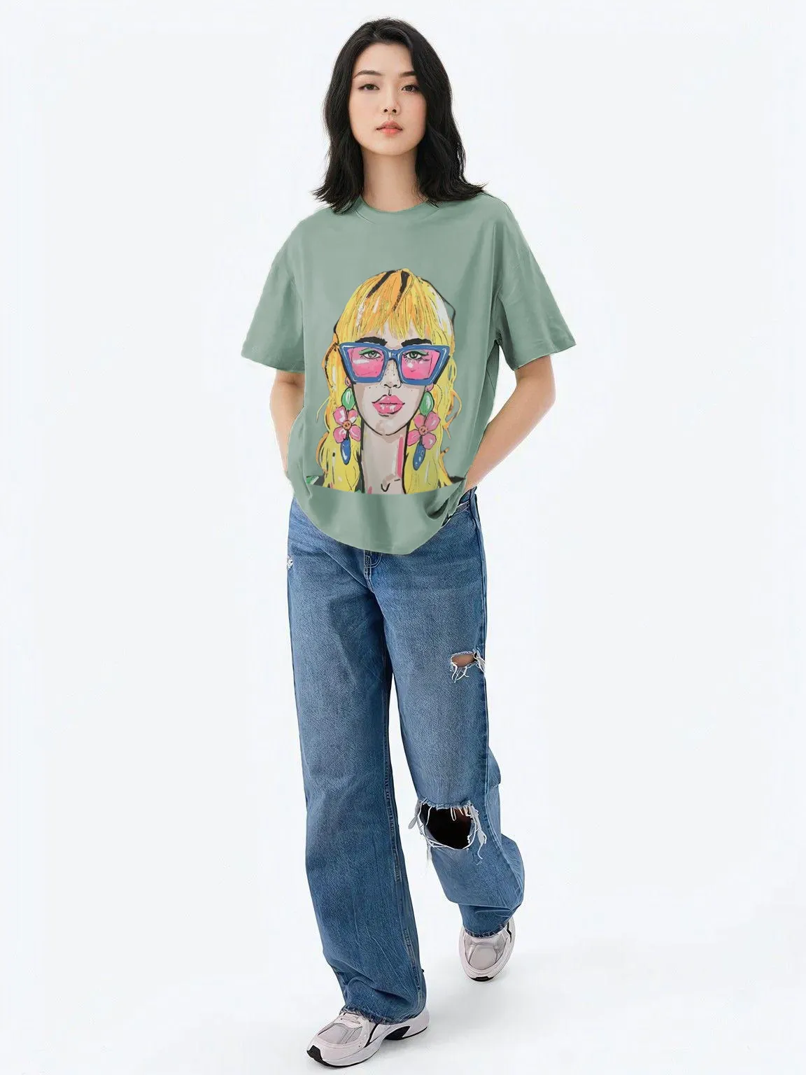 Women Oversized Skeptic Green T-shirt - Face