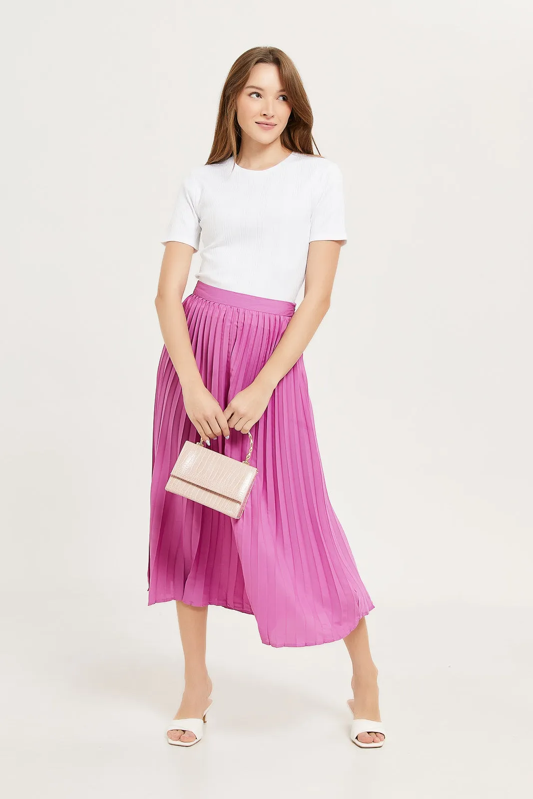 Women Purple Satin Pleated Skirt