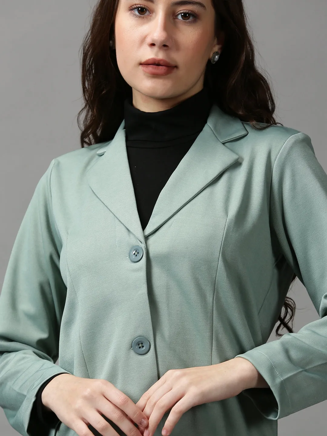 Women's Green Solid Open Front Blazer