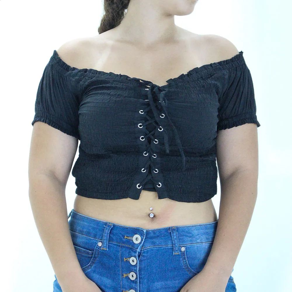 Women's Lace-Up Smocked Crop Top,Black