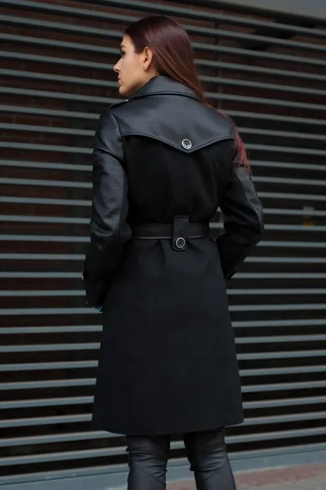 Women's Long Leather & Wool Coat