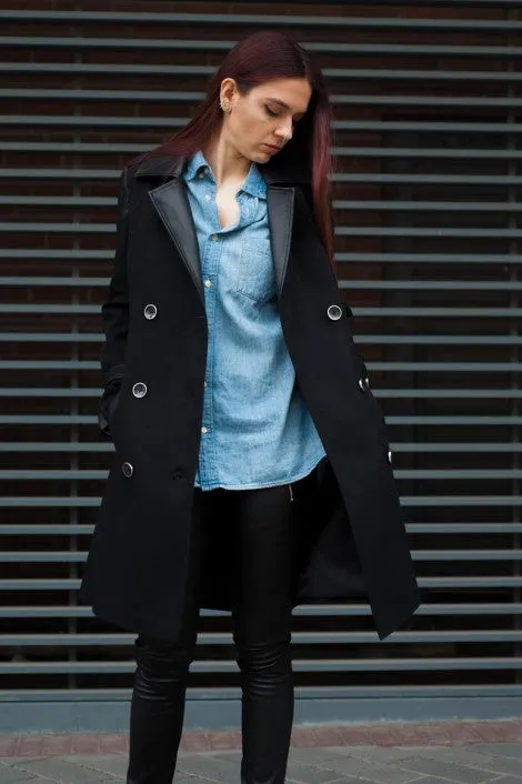 Women's Long Leather & Wool Coat