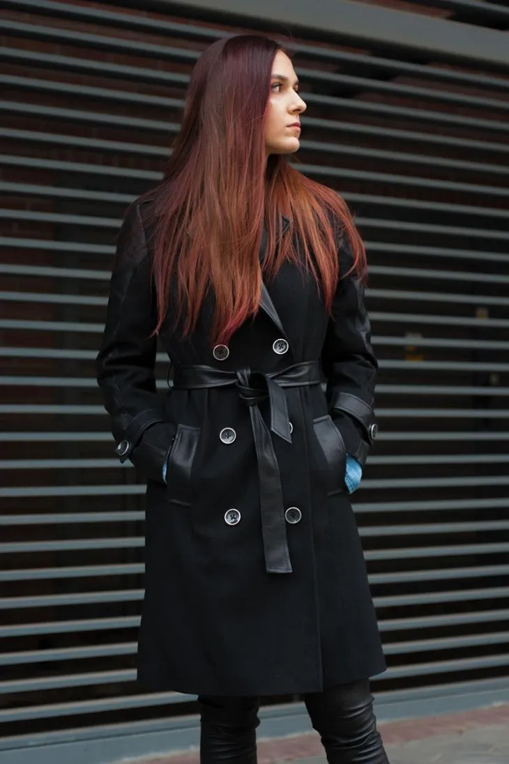 Women's Long Leather & Wool Coat