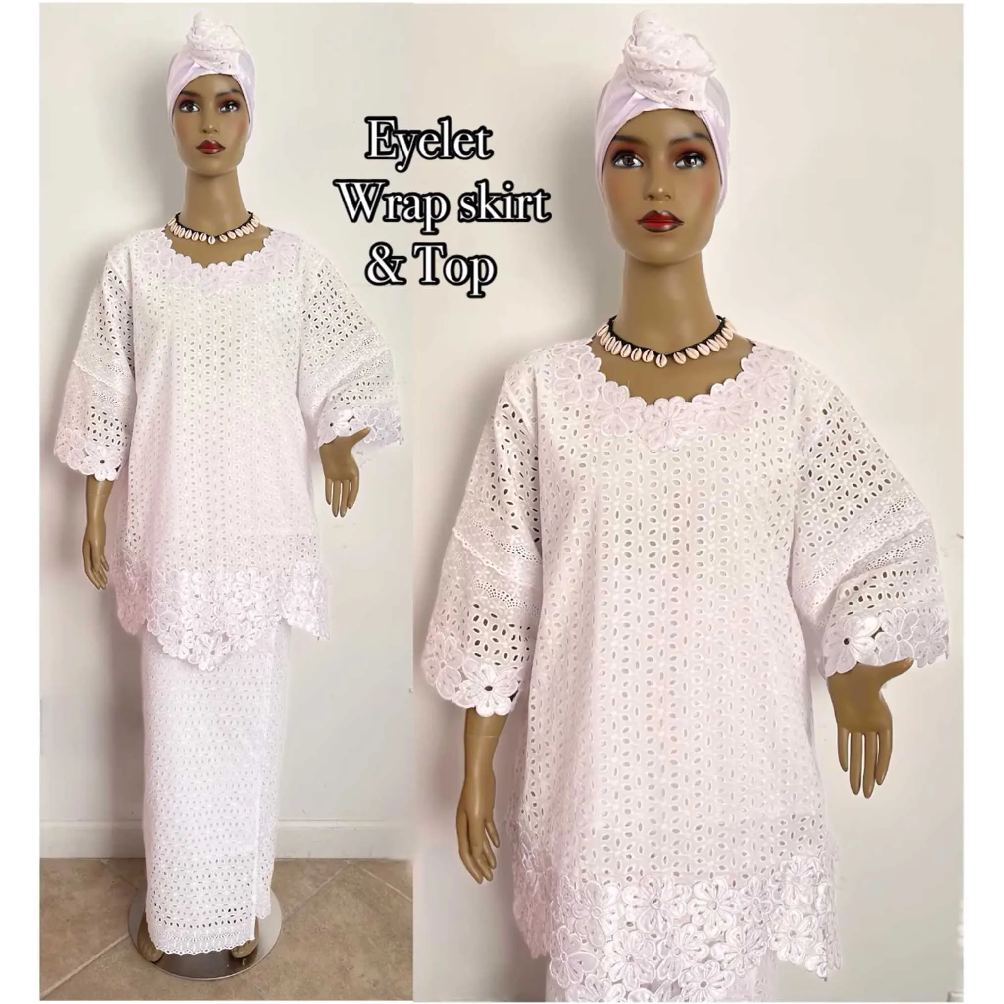 Women's White Eyelet Wrap Skirt and Blouse Set