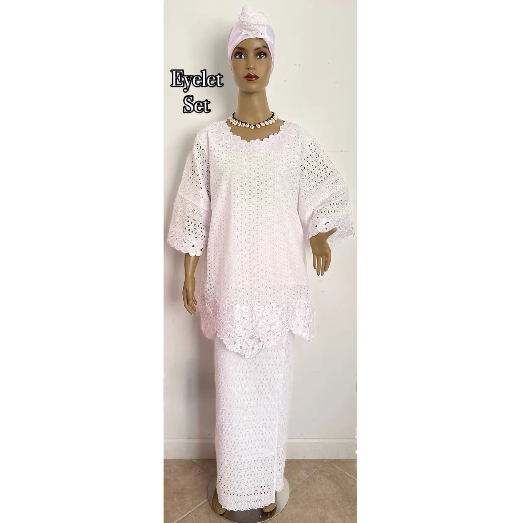 Women's White Eyelet Wrap Skirt and Blouse Set