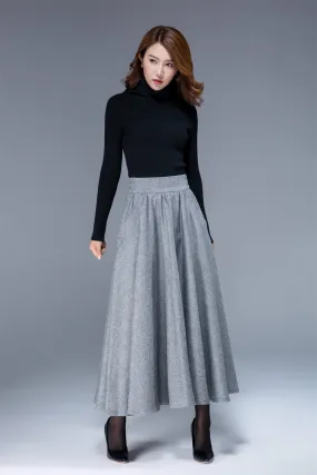 wool pleated skirt, gray skirt, elastic waist skirt, full skirt, flowy skirt, pockets skirt 1793