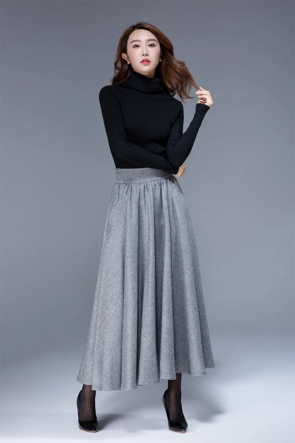 wool pleated skirt, gray skirt, elastic waist skirt, full skirt, flowy skirt, pockets skirt 1793