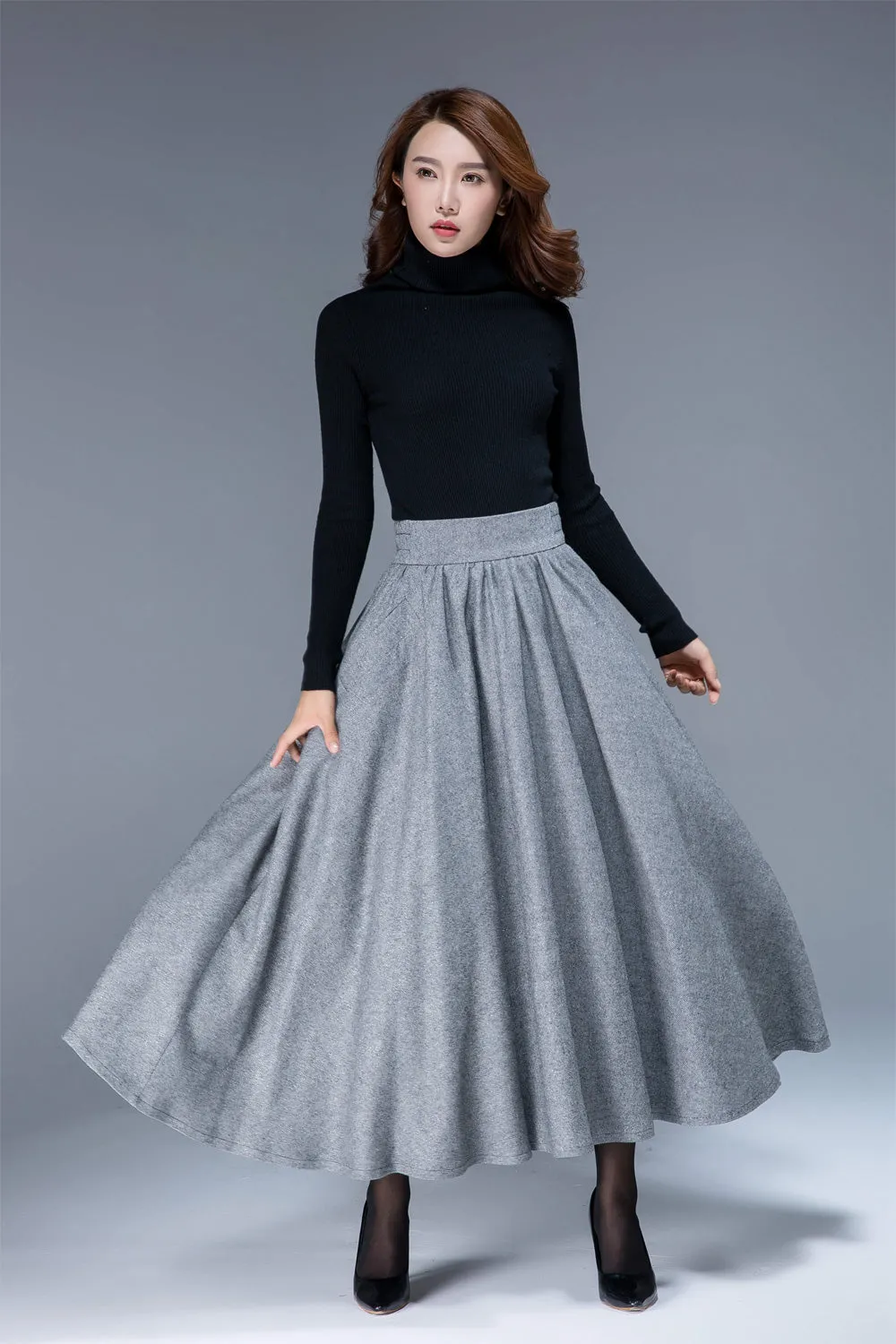 wool pleated skirt, gray skirt, elastic waist skirt, full skirt, flowy skirt, pockets skirt 1793