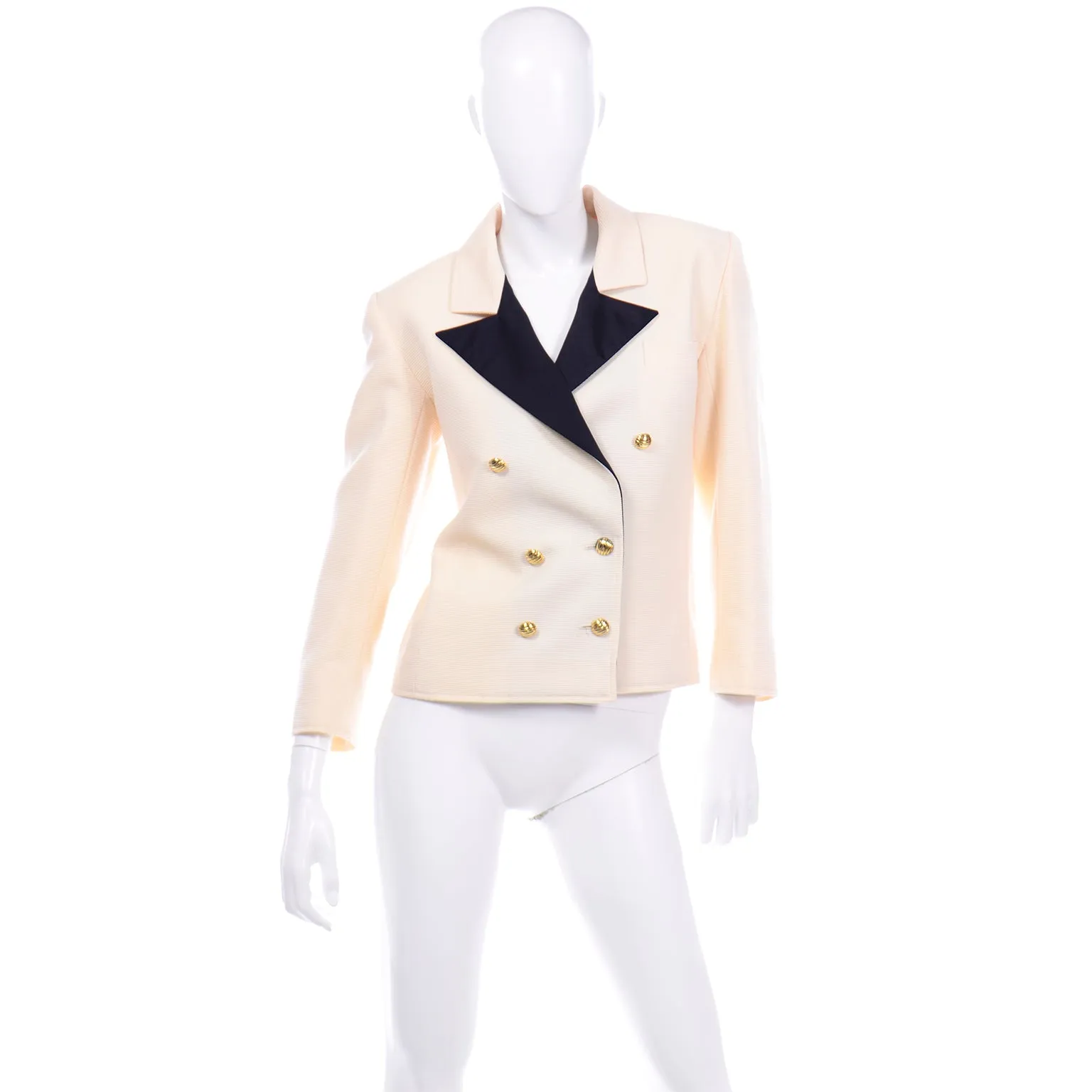 Yves Saint Laurent Vintage Double Breasted Wool Blazer Jacket Cream & Black