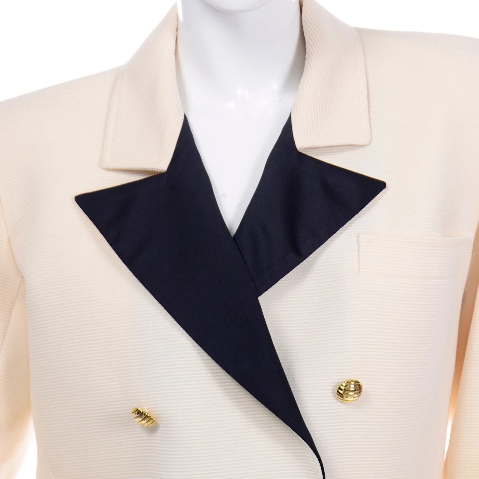 Yves Saint Laurent Vintage Double Breasted Wool Blazer Jacket Cream & Black