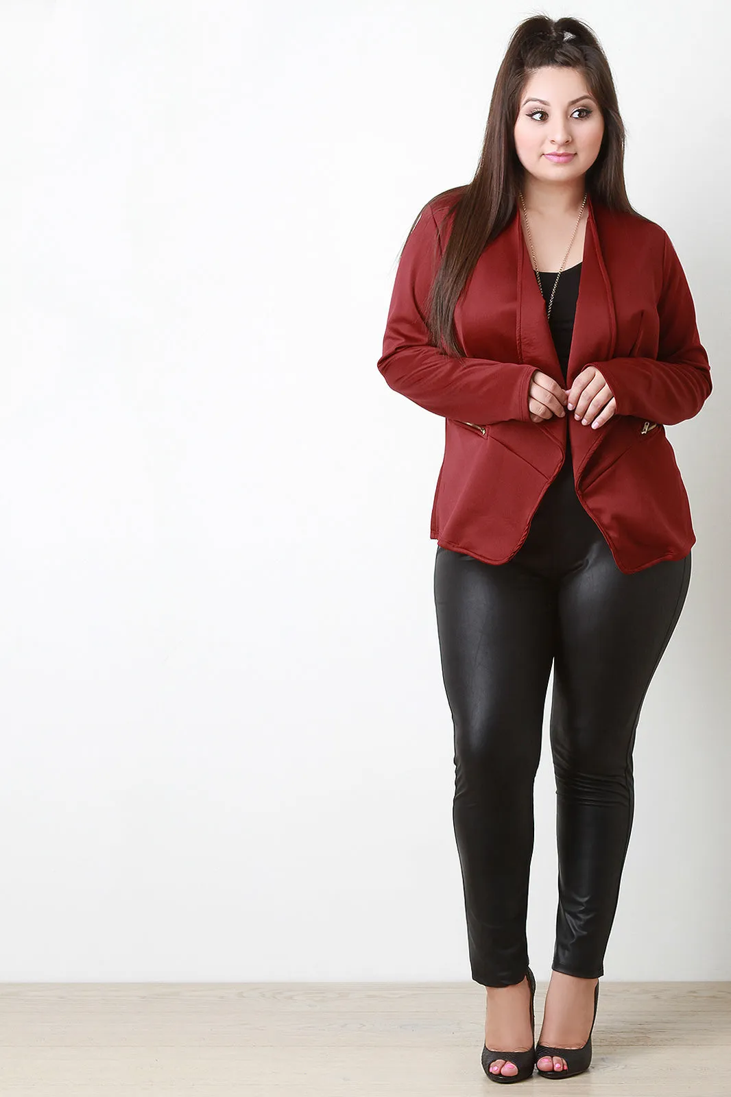 Zipper Trim Draped Open Front Blazer